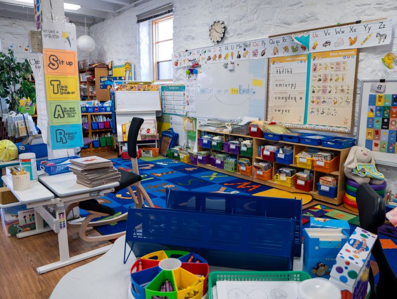 A colorful elementary classroom with educational posters, a whiteboard, and organized learning materials scattered around a carpeted area.