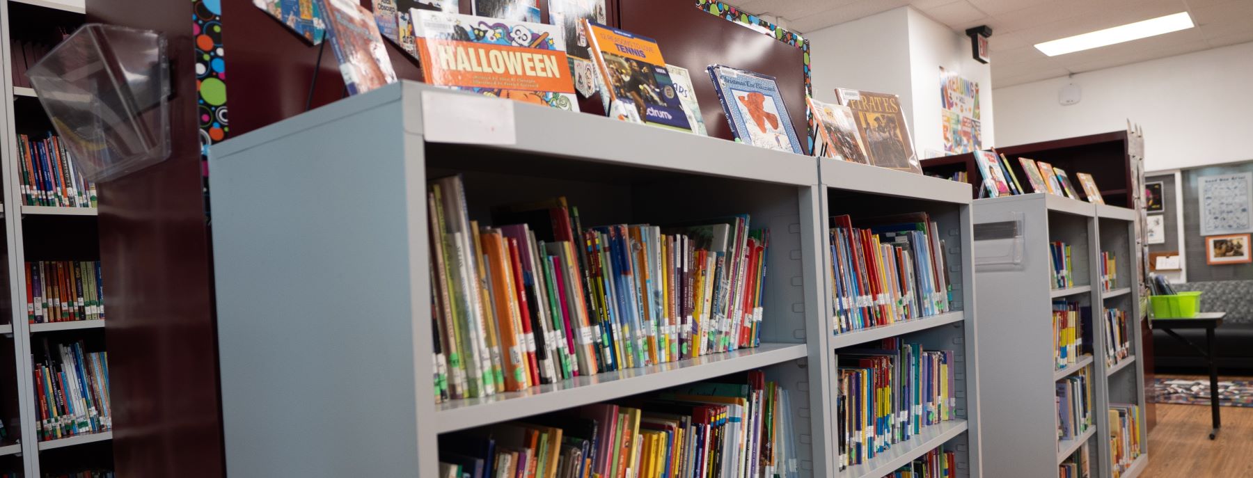 Shelves filled with books in the school library.