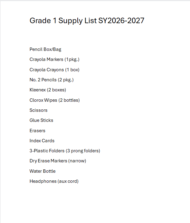 first grade school supply list