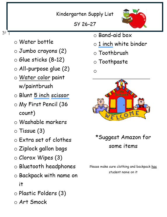 Kindergarten supply list