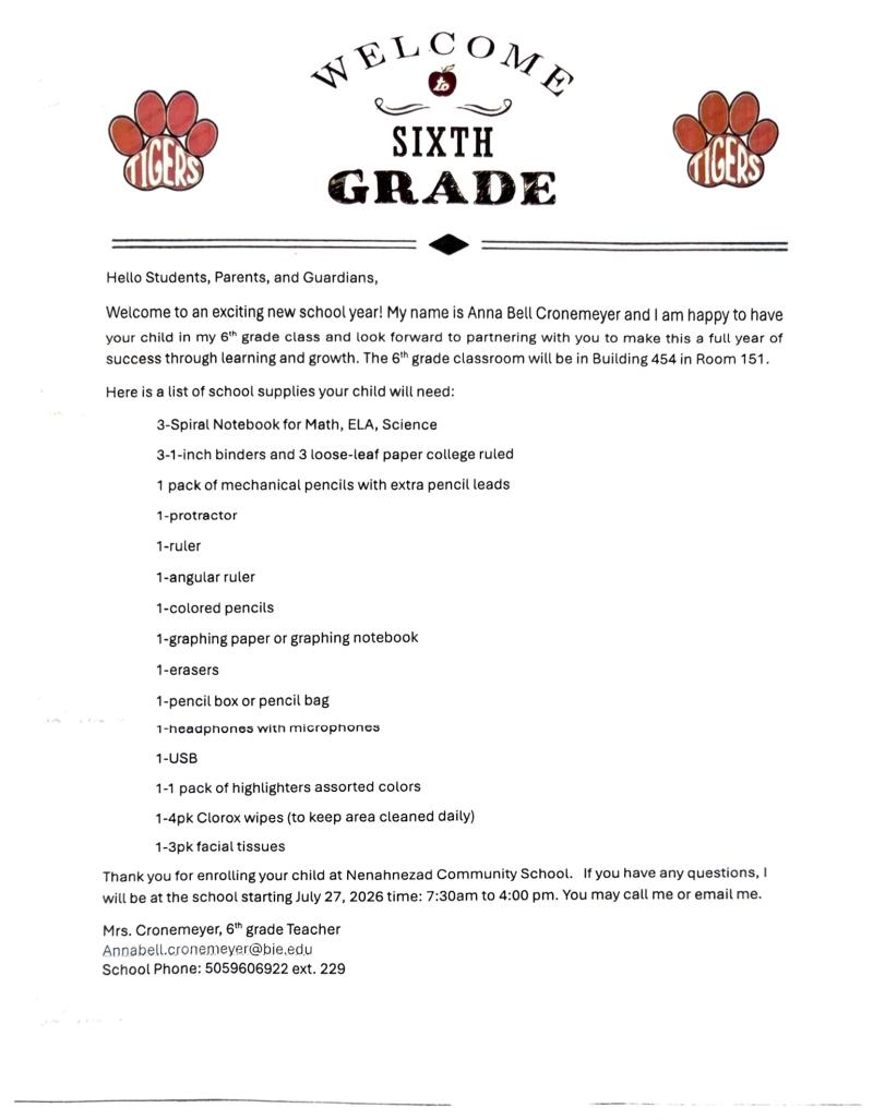 sixth grade supply list